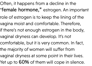 Often, it happens from a decline in the “female hormone,” estrogen. An important role of estrogen is to keep the lining of the vagina moist and comfortable. Therefore, if there’s not enough estrogen in the body, vaginal dryness can develop. It’s not comfortable, but it is very common. In fact, the majority of women will suffer from vaginal dryness at some point in their lives. Yet up to 60% of them will cope in silence.